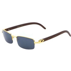 Rimless Sunglasses Gold Frame Wood Arms Rectangular Lens Men Classic Migos Style